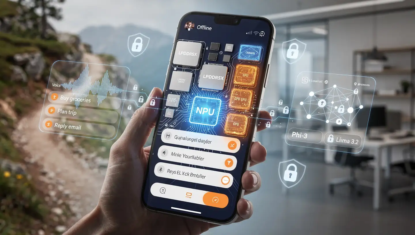 Diagram of an Android phone running a small on-device AI agent that turns offline voice notes into structured tasks without sending data to the cloud.