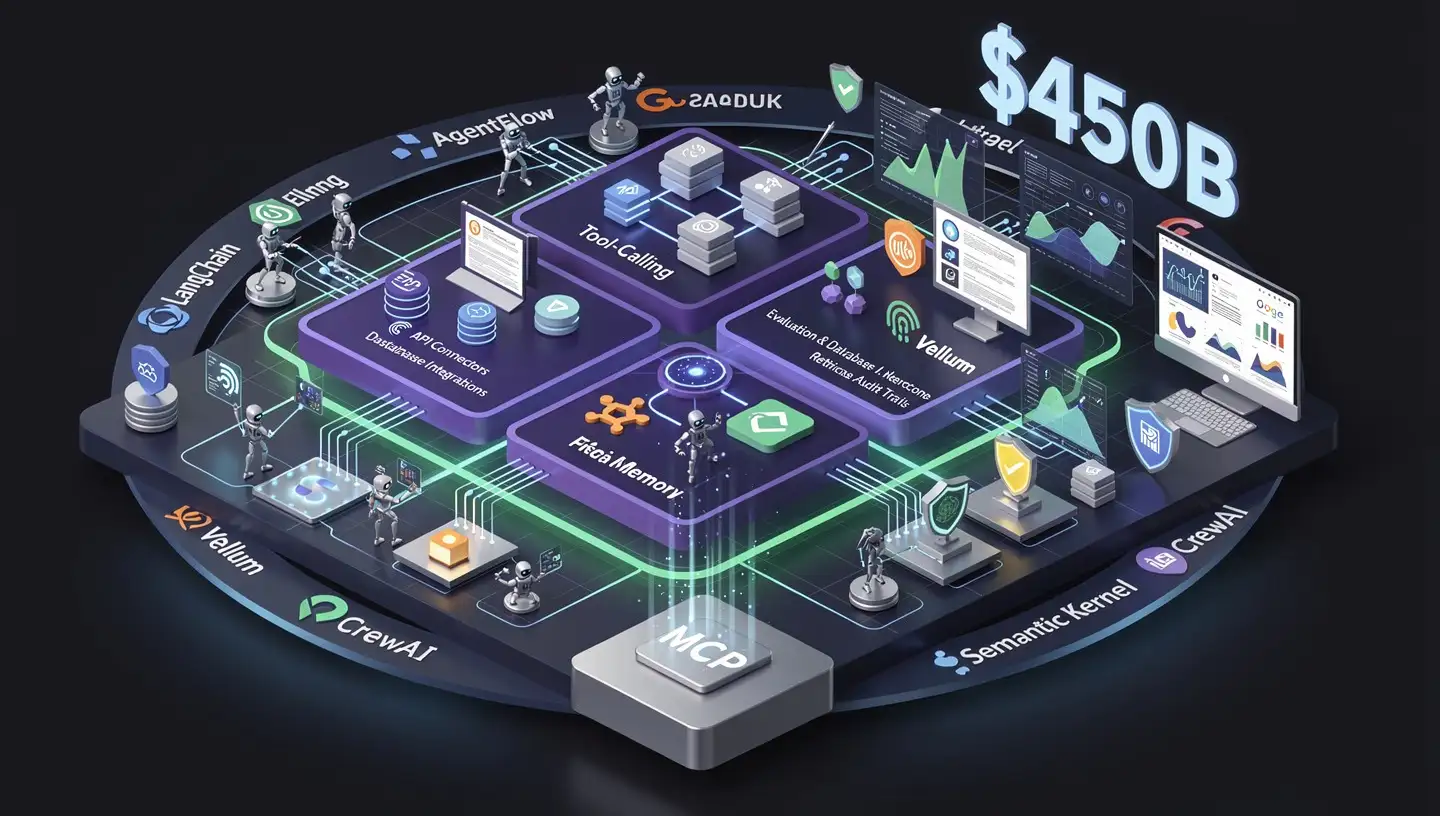 Isometric illustration of an AI agent framework platform labeled MCP, showing tiny robot figures managing tool-calling, memory, evaluation dashboards, and integrations with frameworks like LangChain, Vellum, CrewAI, Semantic Kernel, and others around a glowing $450B market value