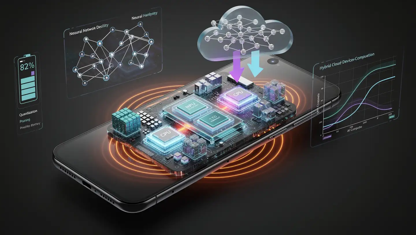 Illustration of a smartphone with visible processor architecture and thermal management systems showing battery-efficient on-device AI computation