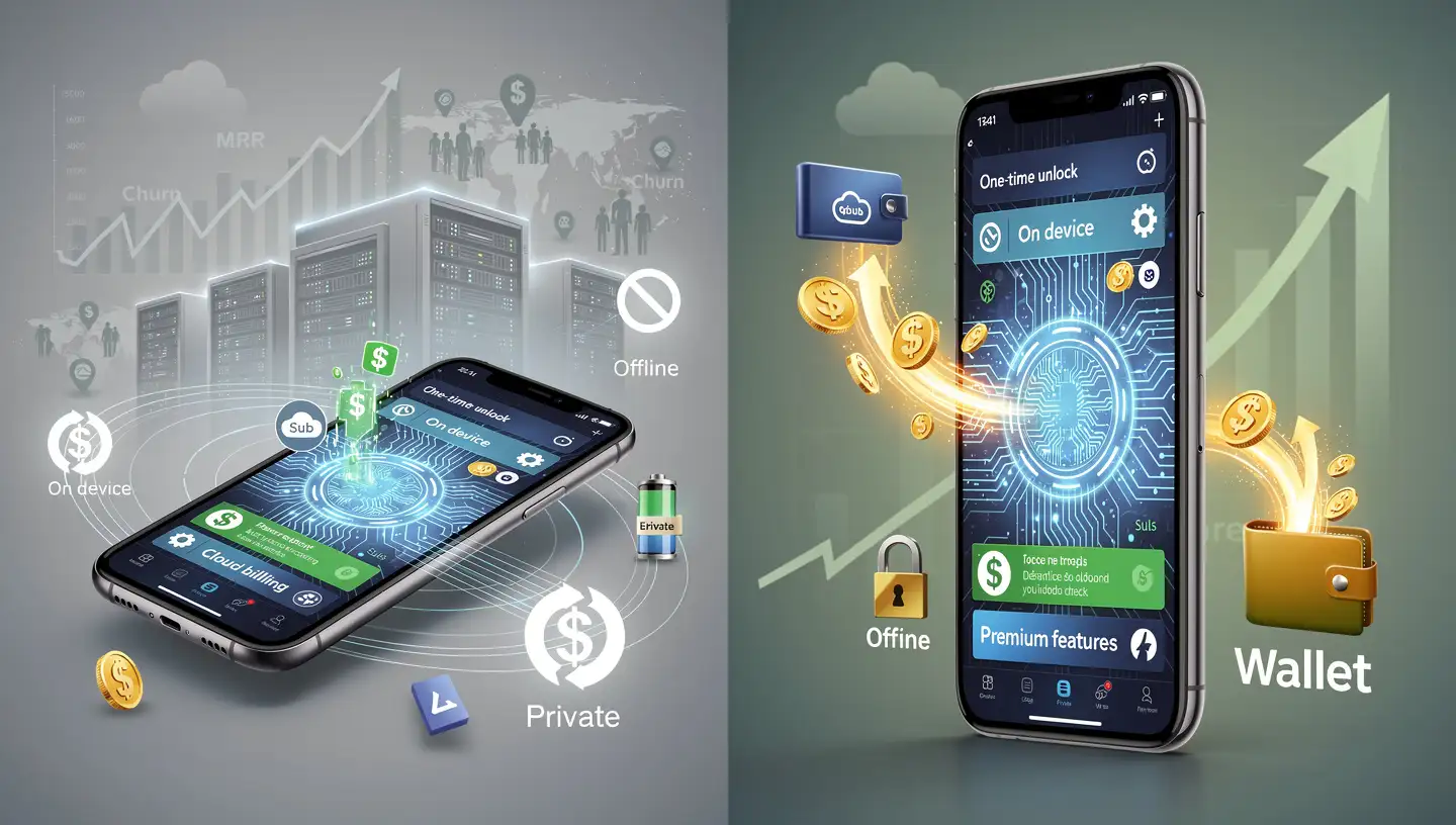 Two smartphones displaying AI interfaces with icons representing offline functionality, on-device processing, privacy, and monetization including dollar signs, server icons with 'offline' labels, gold coins, and a wallet