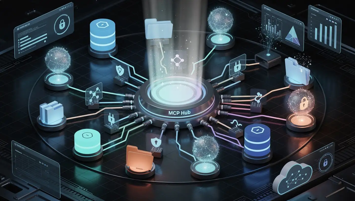 Isometric illustration of a futuristic AI control room with glowing orbs representing AI agents, surrounded by holographic displays, databases, and cloud storage icons