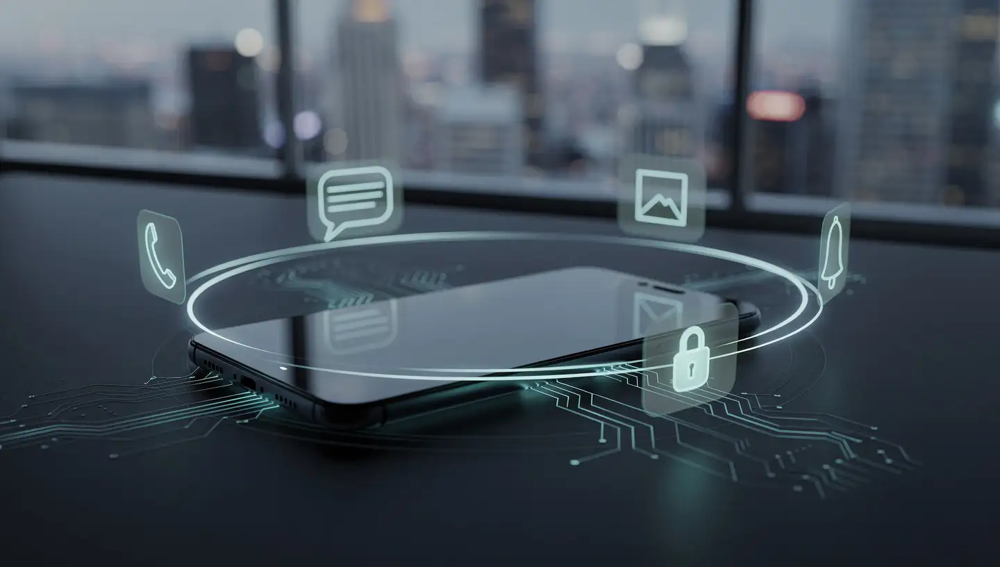 Modern smartphone on a dark desk with holographic icons showing phone, messaging, photos, notifications, email, and security lock symbols, connected by glowing circuit board patterns