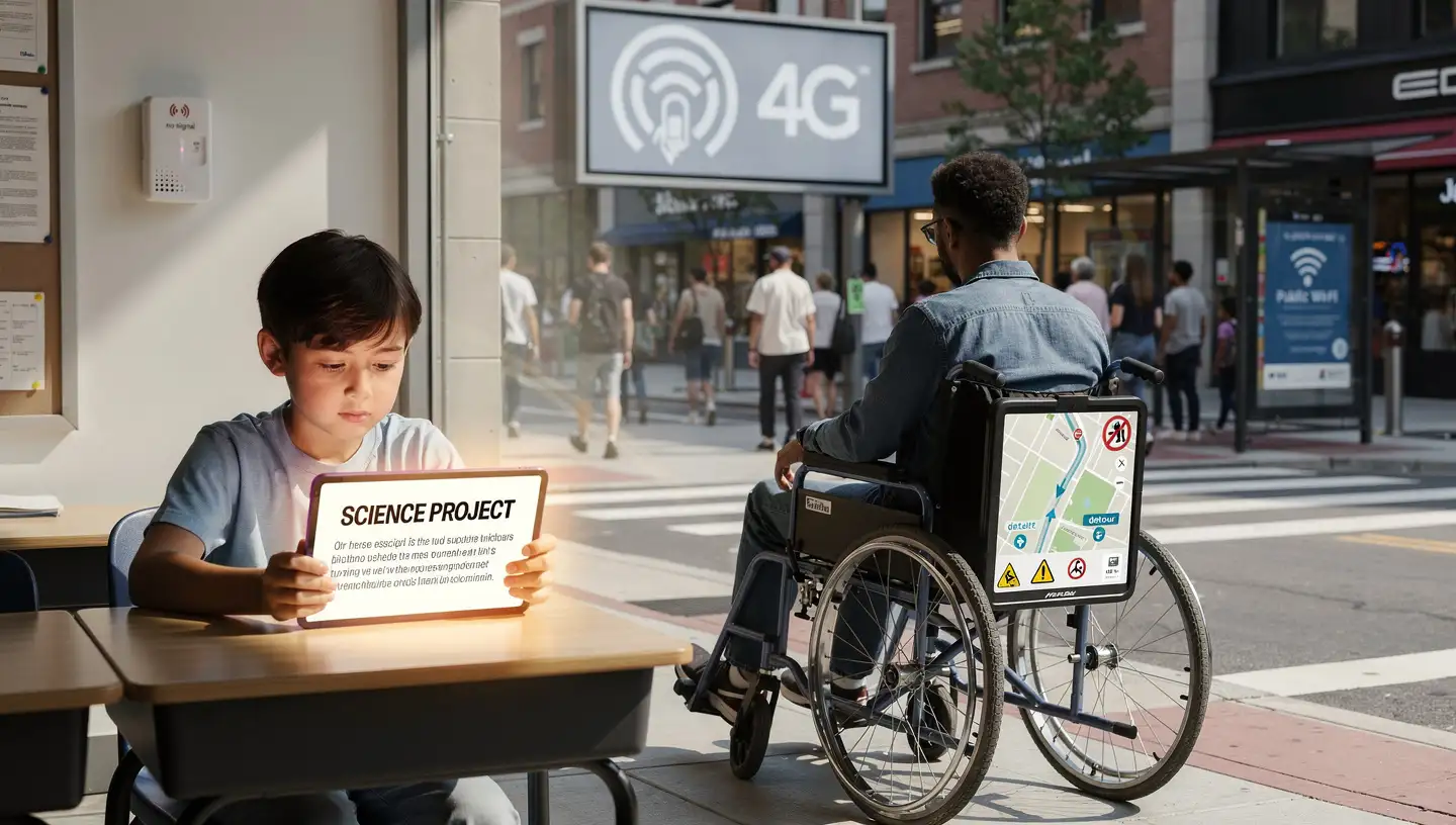 Student working on a science project in an inclusive classroom with wheelchair user in background