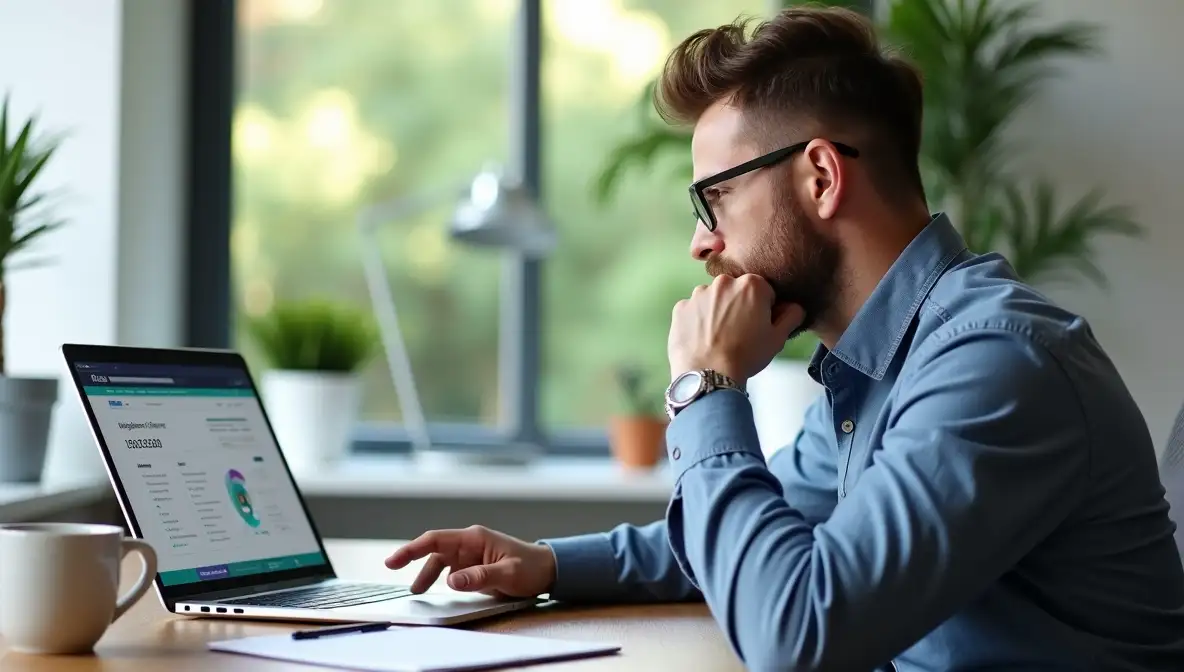 Entrepreneur thoughtfully evaluating a SaaS pricing page on a laptop in a modern home office, making a business decision.