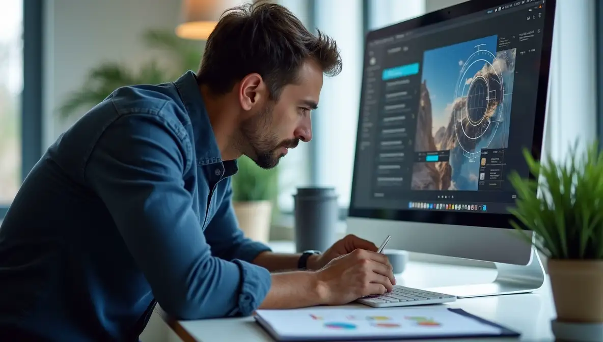 Software founder intently studying digital product interface, symbolizing deliberate development and product identity.